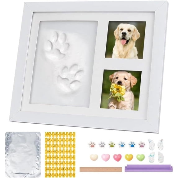 Dog or Cat Paw Print Keepsake Kit White 11x9x0.7 Inch Clay Pattern Wooden Photo Frame Paw Print Kit Keepsake Large Clay Area with Customization Tool for DIY Pet Lovers DIY Accessories