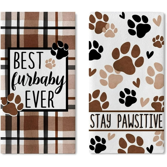 Dog Cat Paw Print Kitchen Dish Towels Set of 2, Best Furbaby Ever Drying Hand Towels Stay Pawsitive Baking Cooking Cloth, Plaid Farmhouse Home Kitchen Decoration Pet Lover Gifts 18 x 26 Inch