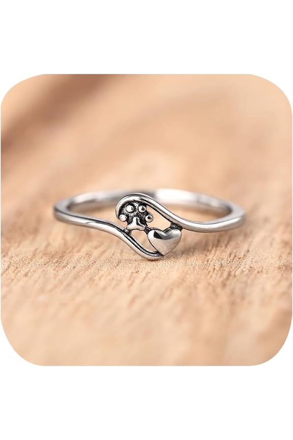 Dog Cat Paw Print Love Heart Cute Ring Puppy Pet Lovers Ring Gifts for Family Friend 925 Sterling Silver Plated Animal Creative Jewelry Thin Stackable Cocktail Comfort Fit Ring Size 6
