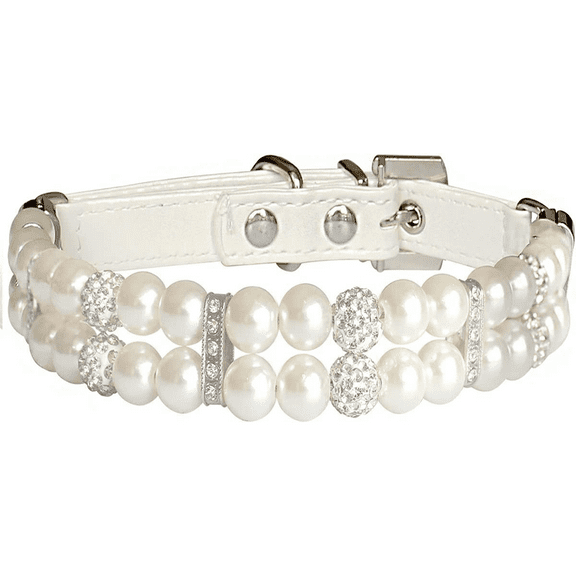 Dog Cat Pearl Collars with Crystal Rhinestone Diamond Décor, Adjustable Cute Fashion Pet PU Leather Collars Necklace