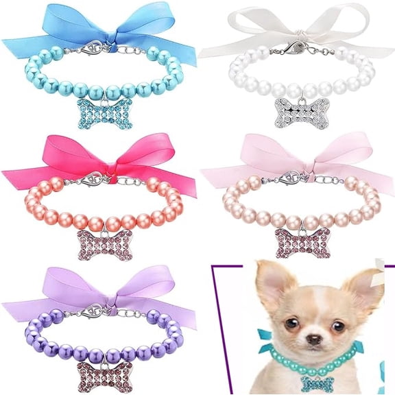 Dog / Cat Pearl Necklace Collar Adjustable Fancy Pearls Jewelry with Bling Rhinestones Big Bone Charm Cute Wedding Collar Costume Outfits Accessories for Small Dogs Puppy Cat