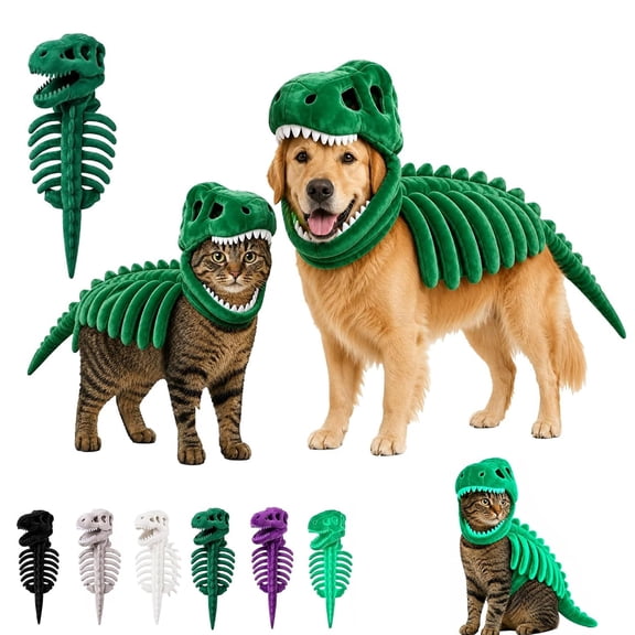 Dog Cat Pet Dinosaur Skeleton Costume,Soft Plush T Rex Halloween Outfit,3D Dinosaur Bone Hood Outfits Clothes for Medium Large Pet Cosplay Party Family (35.4 in Green)