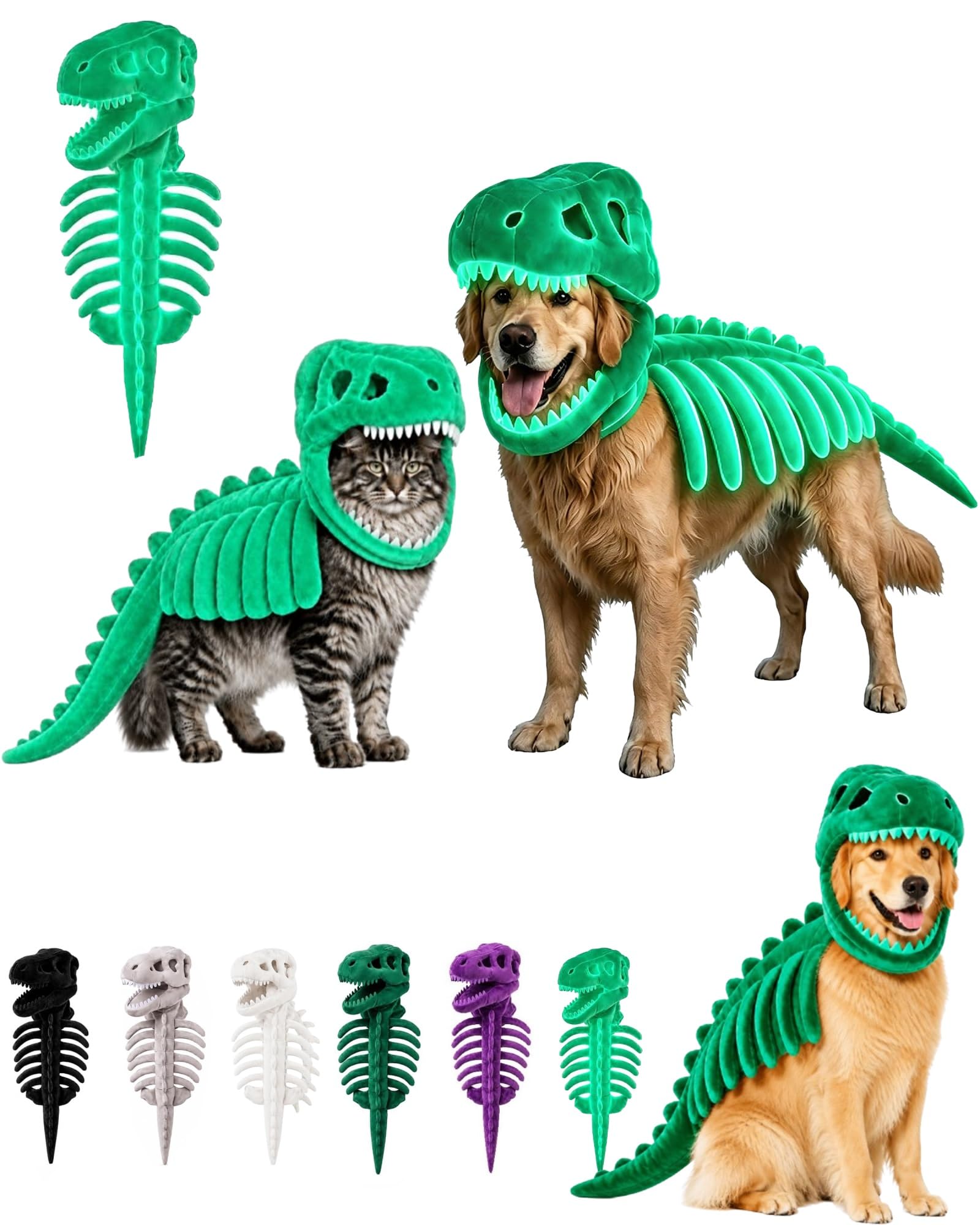 Disfraz de esqueleto de dinosaurio para perros y gatos, suave y de peluche, atuendo de Halloween T-Rex | Capucha de hueso de dinosaurio 3D para mascotas medianas y grandes, fiesta de disfraces familiar