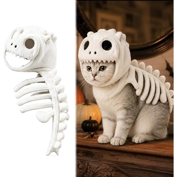 Dog Cat Pet Dinosaur Skeleton halloween Costume, Soft Plush T Rex Halloween Outfit with 3D Bone Hood for Medium Large Pets.6inx13.7in