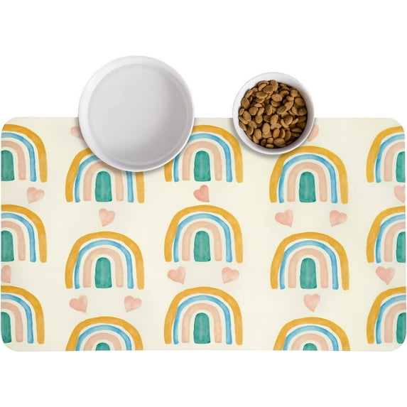 Dog Cat Pet Food Feeding Mat ,Rainbow Mat for Dog Bowls and Water,Water Absorbent,Non Slip Placemat,Easy to Clean 16" x24"
