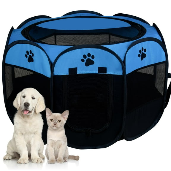 Dog Cat Playpen,Portable Puppy Kitten Pet Playpen Indoor for Small Dogs,Foldable Pet Exercise Pen Tents Cat House for Puppy Kitten Indoor Outdoor Travel Camping Use Removable Zipper Top (Blue)