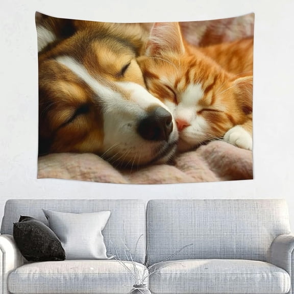 Dog Cat Sleeping Tapestry Wall Hanging, Aesthetic Decorative Tapestry for Bedroom Living Room Dorm, Soft Polyester Fabric, HD Printing 40x30in