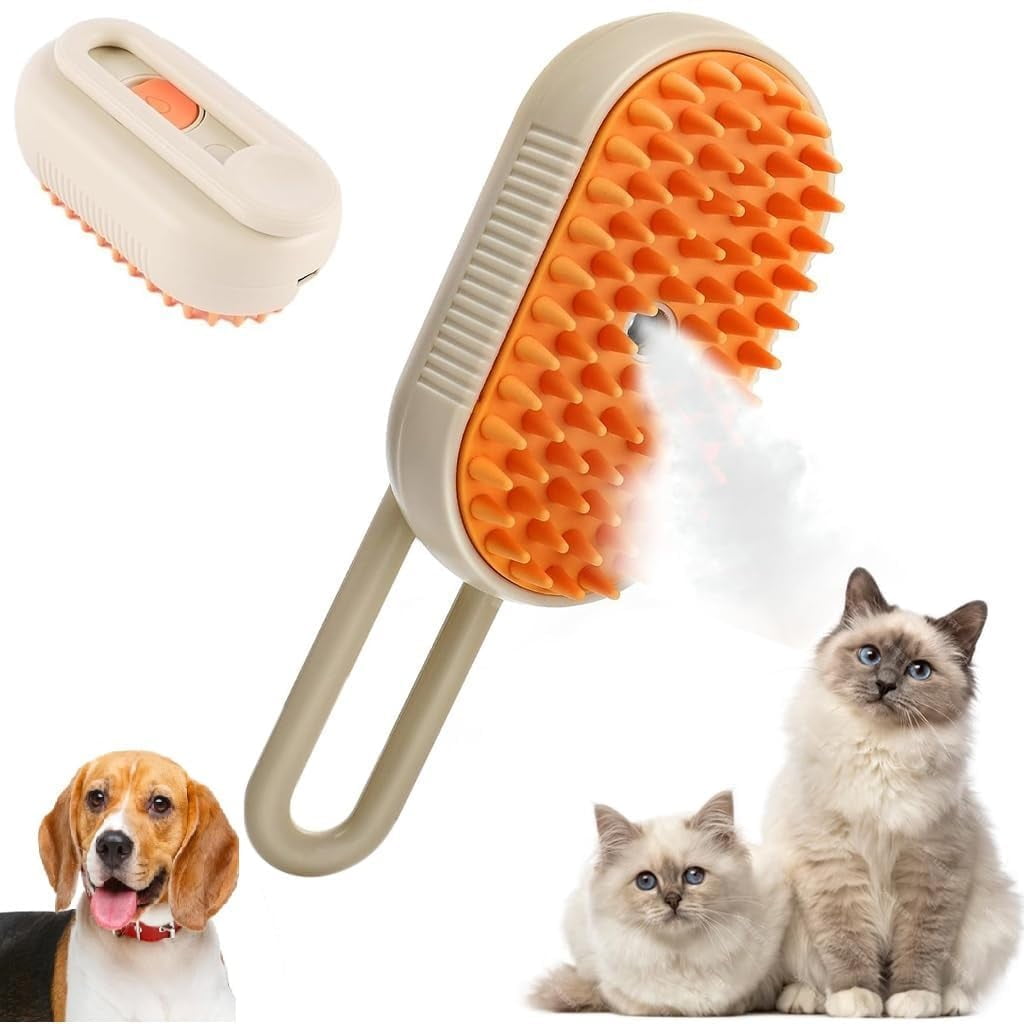 Dog & Cat Steam Brush 3 In 1 Steamy Orange Pet-Brush Gift for Pets Cats and Dogs