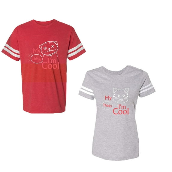 My Dog Cat Think I am Cool Unisex Couple Matching Cotton Jersey style T-Shirt Contrasting stripes on sleeves (Men Red / Women Heather) (Men S / Women M)