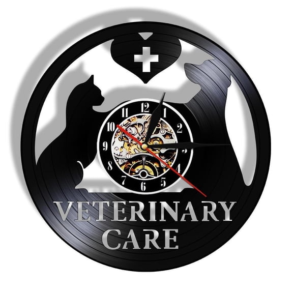 Dog Cat Veterinary Care Vinyl Record Wall Clock Veterinary Clinic Wall Art Decorative Wall Watch Pet Vet Care Animal Lover Gift Without LED