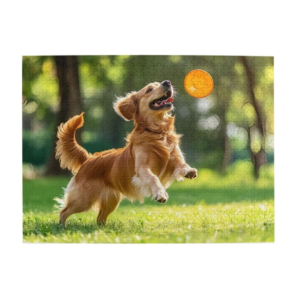 Dog Catching Disc On Lawn 500-Piece Wooden Jigsaw Puzzle for Adults, Fun & Challenging Family Brain-Teaser, Perfect Home Decor & Gift