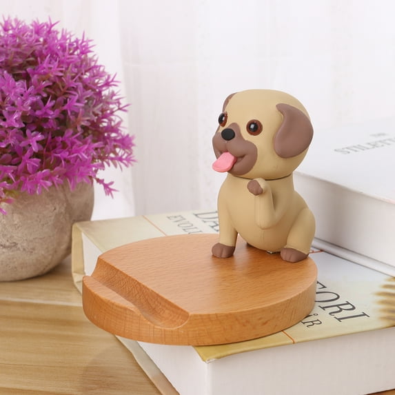 Dog Cellphone Holder with Wooden Base Universal Smartphone Stand Desktop Phone Bracket (Pug)
