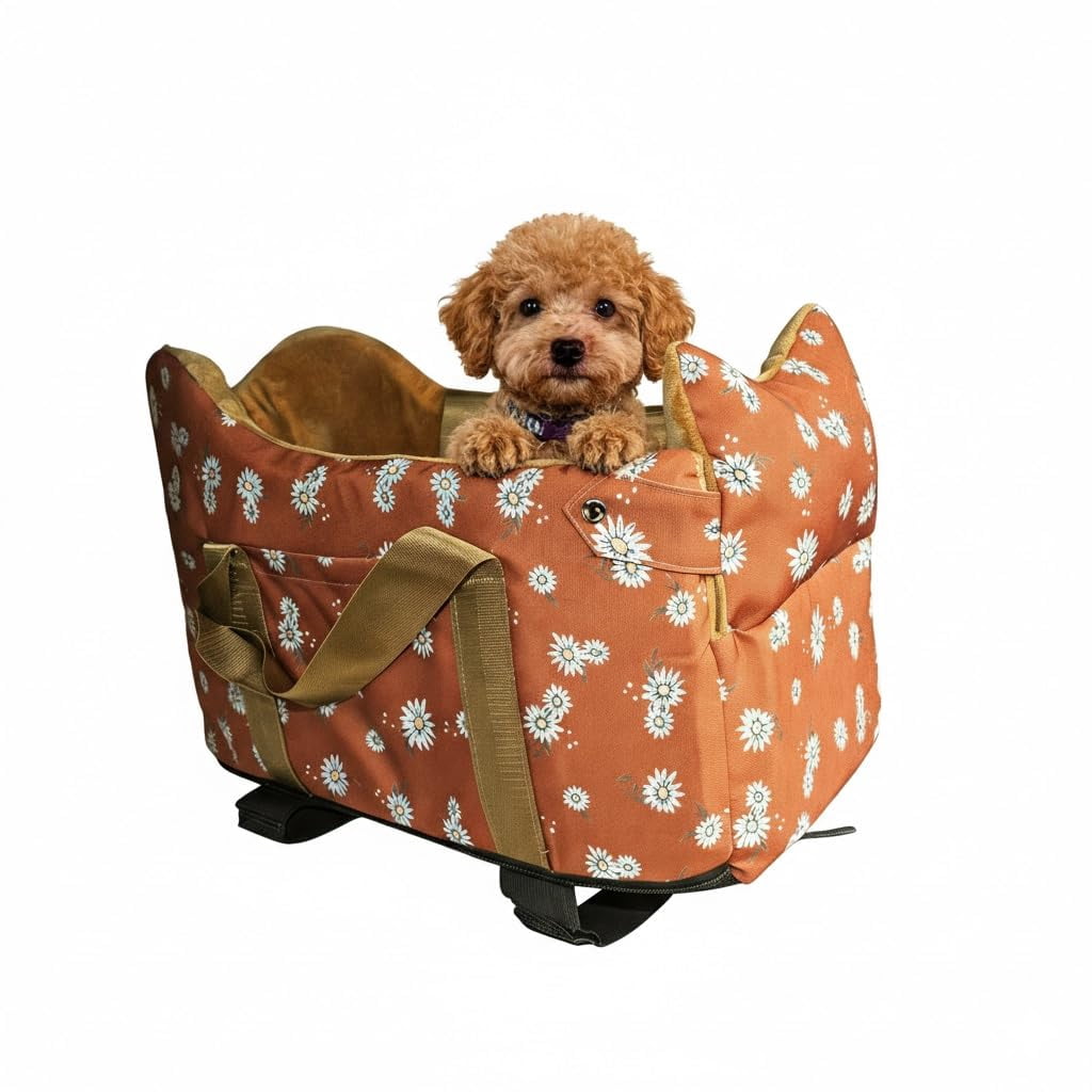 Dog Center Console Car Seat - Small Booster  Portable Armrest Travel With Anti-collapse Design Washable Fluffy Cushion & Pillow Up To 15 Lbs (coffee Color)
