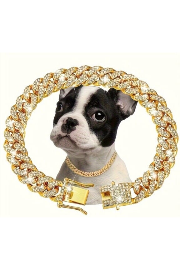 Dog Chain Collar Diamond Cuban Chain Dog Collar 13mm Wide Dog Necklace Metal Cat Chain Pet Crystal Collar Jewelry Accessories for Small Medium Large Dogs Cats