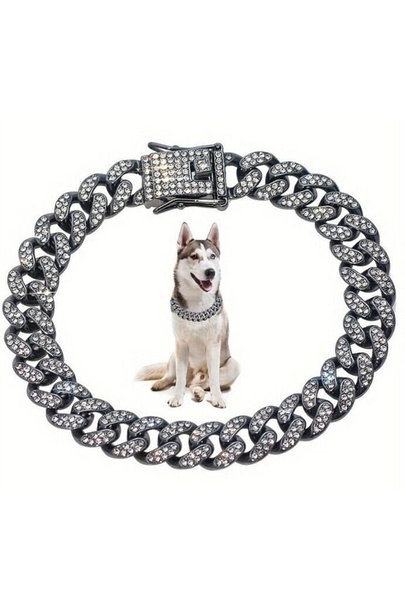 Dog Chain Collar Diamond Cuban Chain Dog Collar 13mm Wide Dog Necklace Metal Cat Chain Pet Crystal Collar Jewelry Accessories for Small Medium Large Dogs Cats