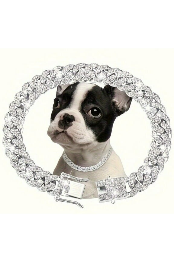 Dog Chain Collar Diamond Cuban Chain Dog Collar 13mm Wide Dog Necklace Metal Cat Chain Pet Crystal Collar Jewelry Accessories for Small Medium Large Dogs Cats