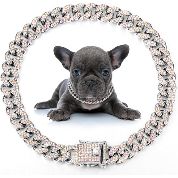 Dog Chain Collar Diamond Link Puppy Collar 12 mm Wide Dog Necklace Metal Cat Chain Pet Crystal Necklace Jewelry Accessories for Small Medium Large Pet(8 Inch,Silver, AB Color)