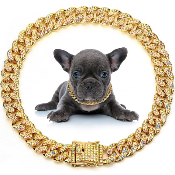 Dog Chain Collar Diamond Link Puppy Collar 12 mm Wide Dog Necklace Metal Cat Chain Pet Crystal Necklace Jewelry Accessories for Small Medium Large Pet(8 Inch,Gold, AB Color)