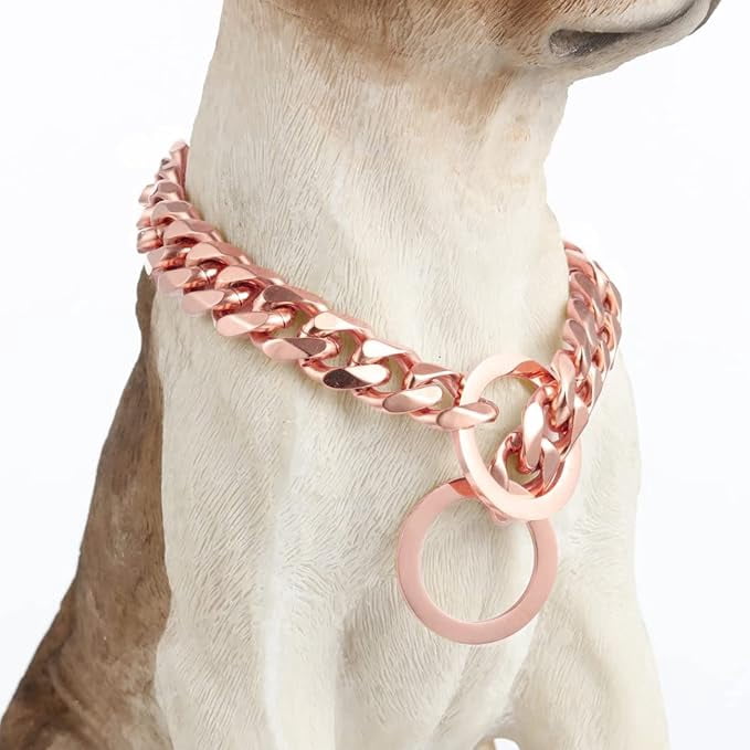 Rose Gold Chain Dog Leash - 12MM Stainless Steel Link Leash With Leather Handle, 3ft Or 4ft For Large/Medium Dogs