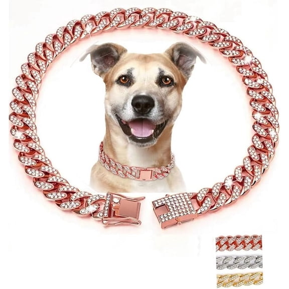Dog Chain Collars, Cuban Link Chain for Dogs Jewelry Diamond Necklace Metal Bling Choke 13mm Wide Pet for Puppy Small Medium Large Dogs Cats Gold