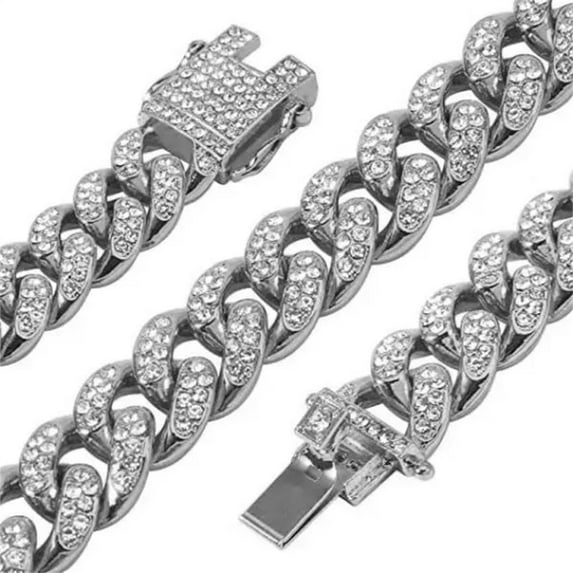 Dog Chain Diamond Collar with Buckle Strong Heavy Duty Stainless Steel Metal Cuban Link Chain Collar for Small Medium Large Dogs Cats