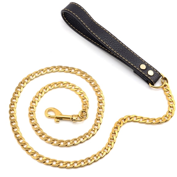 Dog Chain Leash 11.5MM Solid Chew Proof 316L Stainless Steel Cuban Link Chain with Smooth Leather Handle Beautiful Leash for Walking Training 4FT
