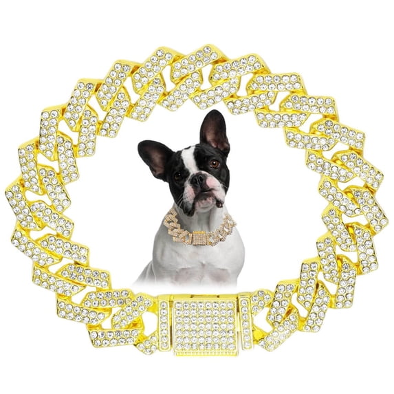 Dog Chain Necklace with Diamond, Bling Cuban Link Puppy Collars Glitter Rhinestone Cat Jewelry for Small Medium Large Pet Dogs