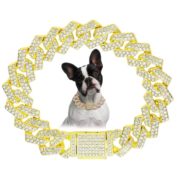 Dog Chain Necklace with Diamond, Bling Cuban Link Puppy Collars Glitter Rhinestone Cat Jewelry for Small Medium Large Pet Dogs