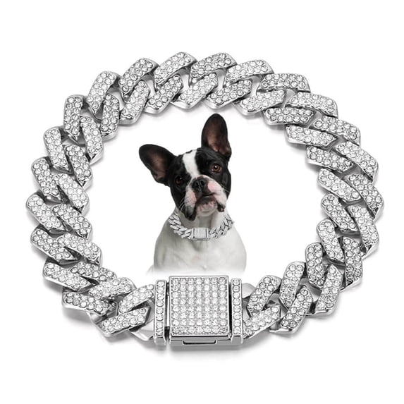 Dog Chain Necklace with Diamond, Bling Cuban Link Puppy Collars Glitter Rhinestone Cat Jewelry for Small Medium Large Pet Dogs