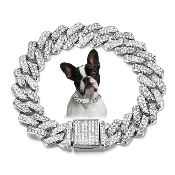 Dog Chain Necklace with Diamond, Bling Cuban Link Puppy Collars Glitter Rhinestone Cat Jewelry for Small Medium Large Pet Dogs