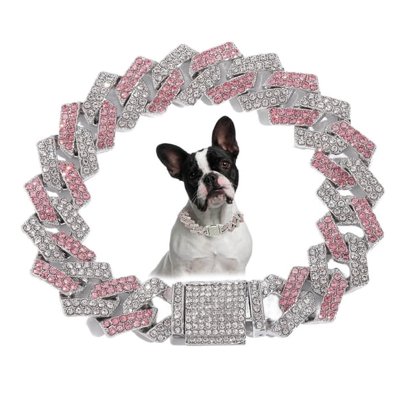 Dog Chain Necklace with Diamond, Bling Cuban Link Puppy Collars Glitter Rhinestone Cat Jewelry for Small Medium Large Pet Dogs