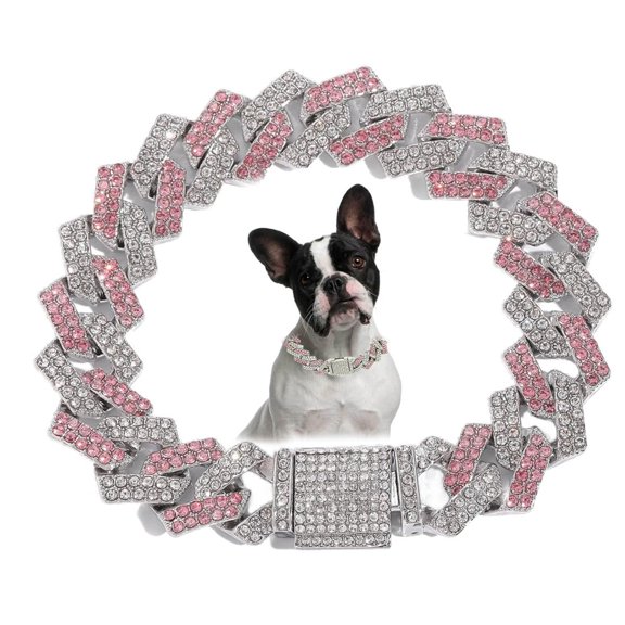 Dog Chain Necklace with Diamond, Bling Cuban Link Puppy Collars Glitter Rhinestone Cat Jewelry for Small Medium Large Pet Dogs