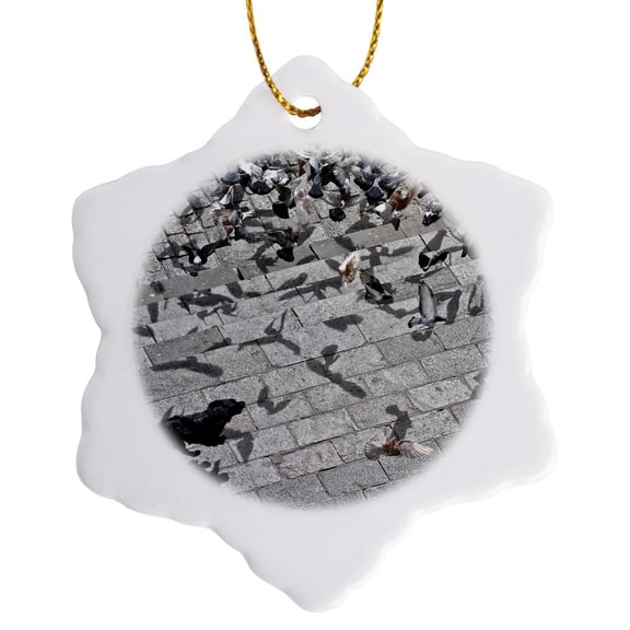3drose, Dog Chasing the Pigeons, 3 inch Snowflake Porcelain Ornament