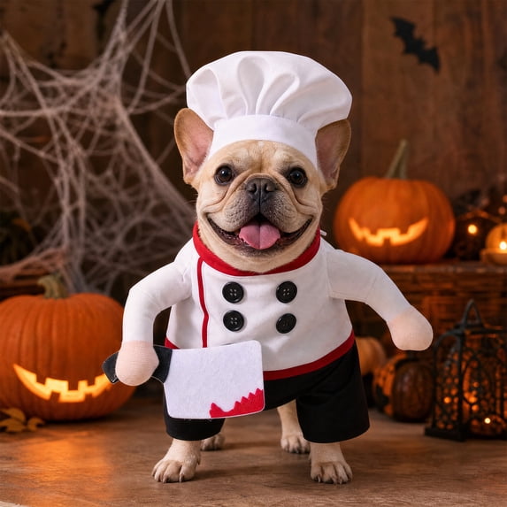 Dog Chef Halloween Costume - Halloween Scary Dog Costume with Knife and Hat, Pet Cosplay Outfit with Arms, Trimmable Hook & Loop Fastener for Fitting Small Medium Large Dogs