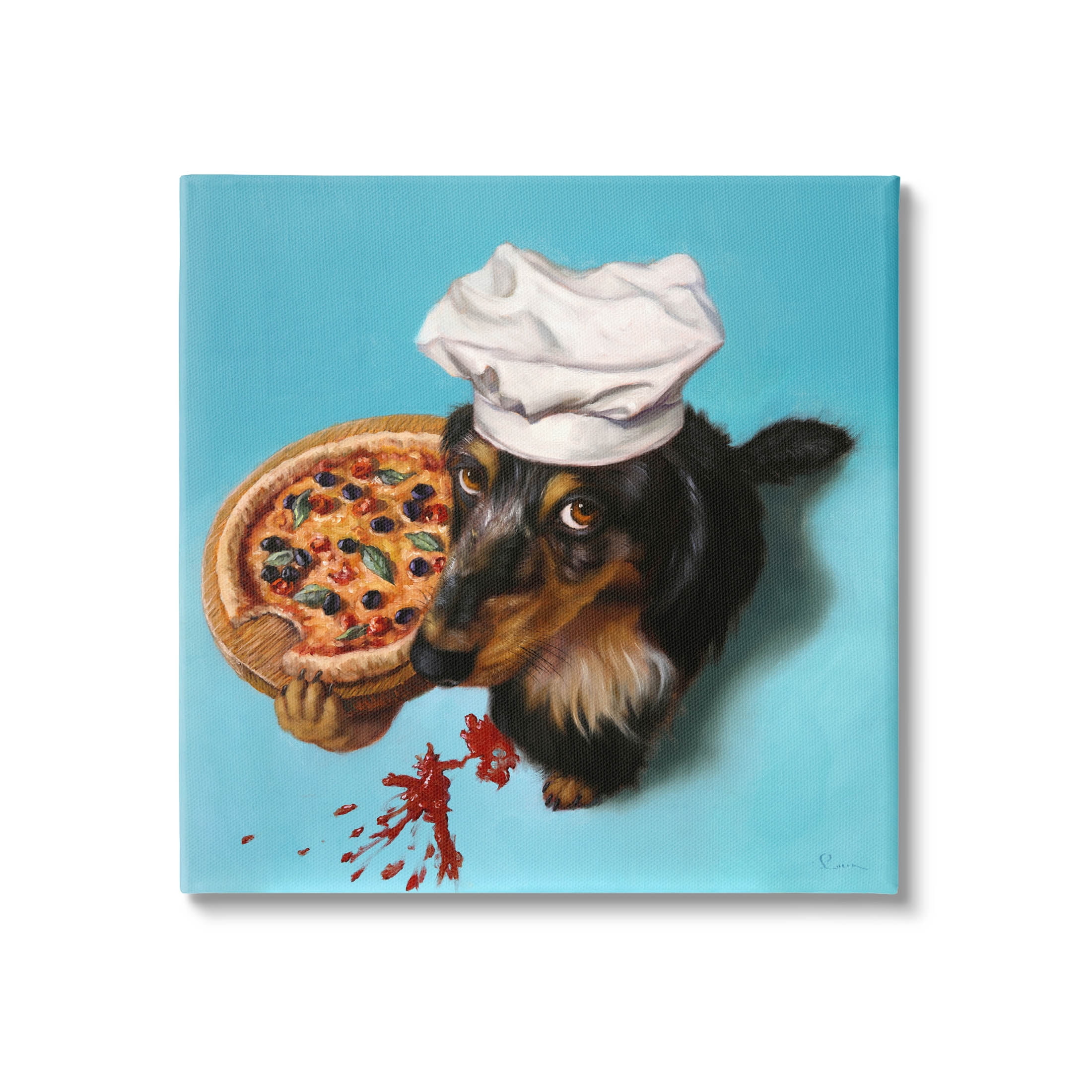 Dog Chef Pizza Bite Portrait Animals & Insects Painting Gallery Wrapped Canvas Print Wall Art