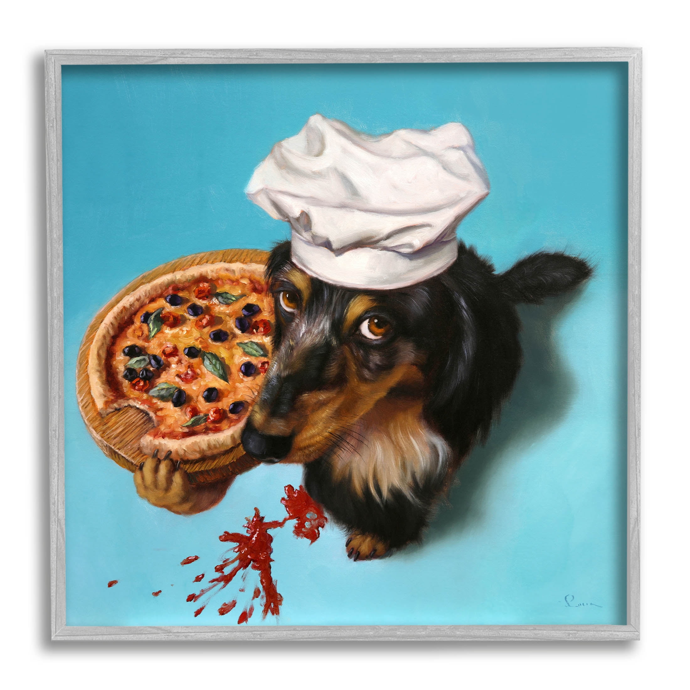 Dog Chef Pizza Bite Portrait Animals & Insects Painting Gray Framed Art Print Wall Art