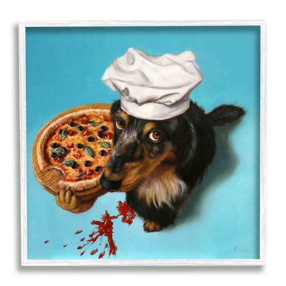 Dog Chef Pizza Bite Portrait Animals & Insects Painting White Framed Art Print Wall Art