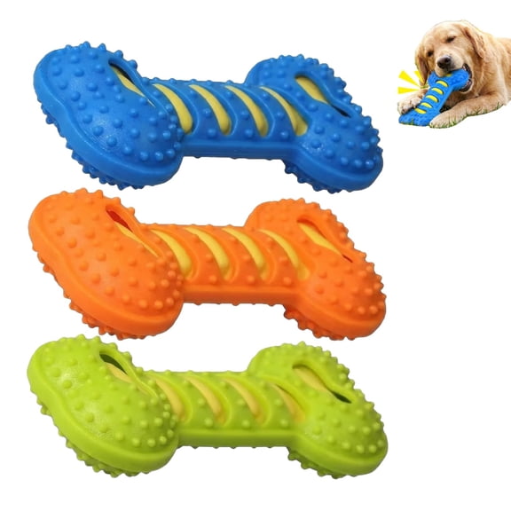 Dog Chew Bone Toy with Squeaker, Interactive Dental Rubber Toy for Aggressive Chewers, Durable Fun Chew for Small Medium Large Dogs
