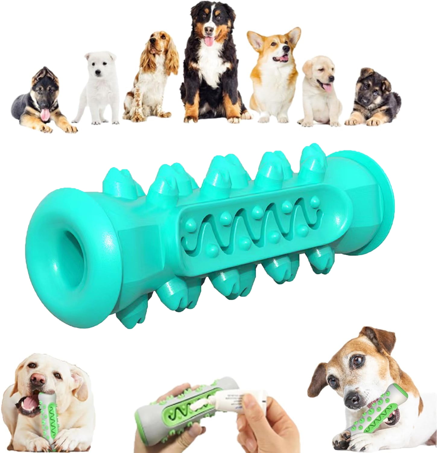 Dog Chew Toy Squeaky Toothbrush Durable Rubber Dog Toys for Teeth Cleaning, Tough Dog Toys for