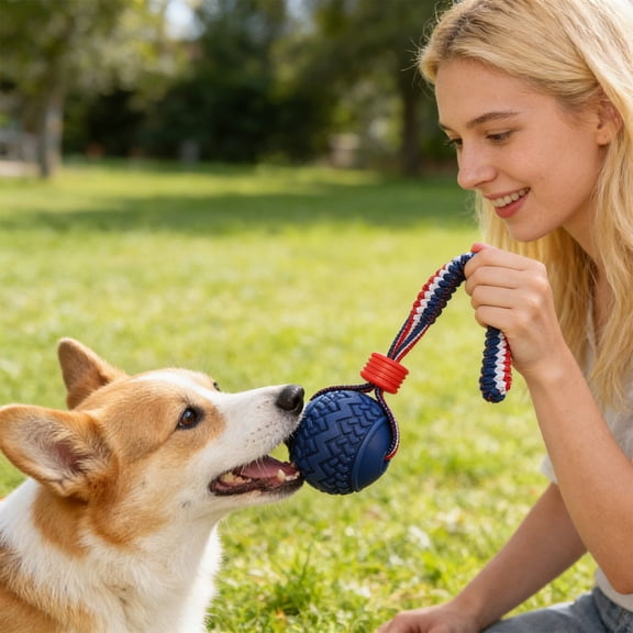 Dog Chew Toy Tire Ball with Elastic Rope – Interactive Training Toy for Teething, Dental Care, Gum Massage – Durable Rubber, Blue/Red, Indoor Outdoor Play