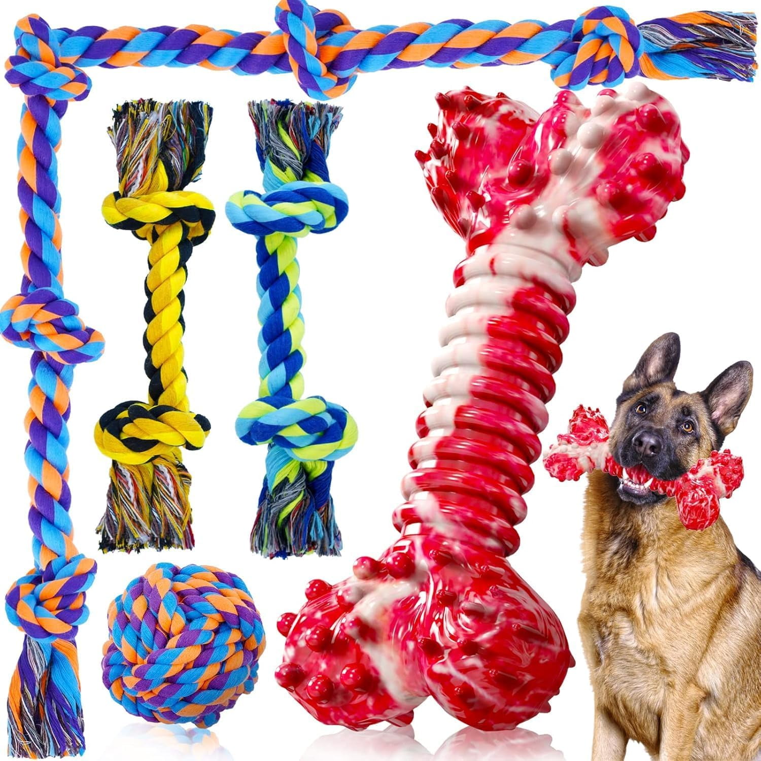 Dog Chew Toys for Aggressive Chewers, 5 Pack Indestructible Dog Toys for Large Breed, Cotton Rope Toys, Tough Bone Chew for Aggressive Chewers Large Breed