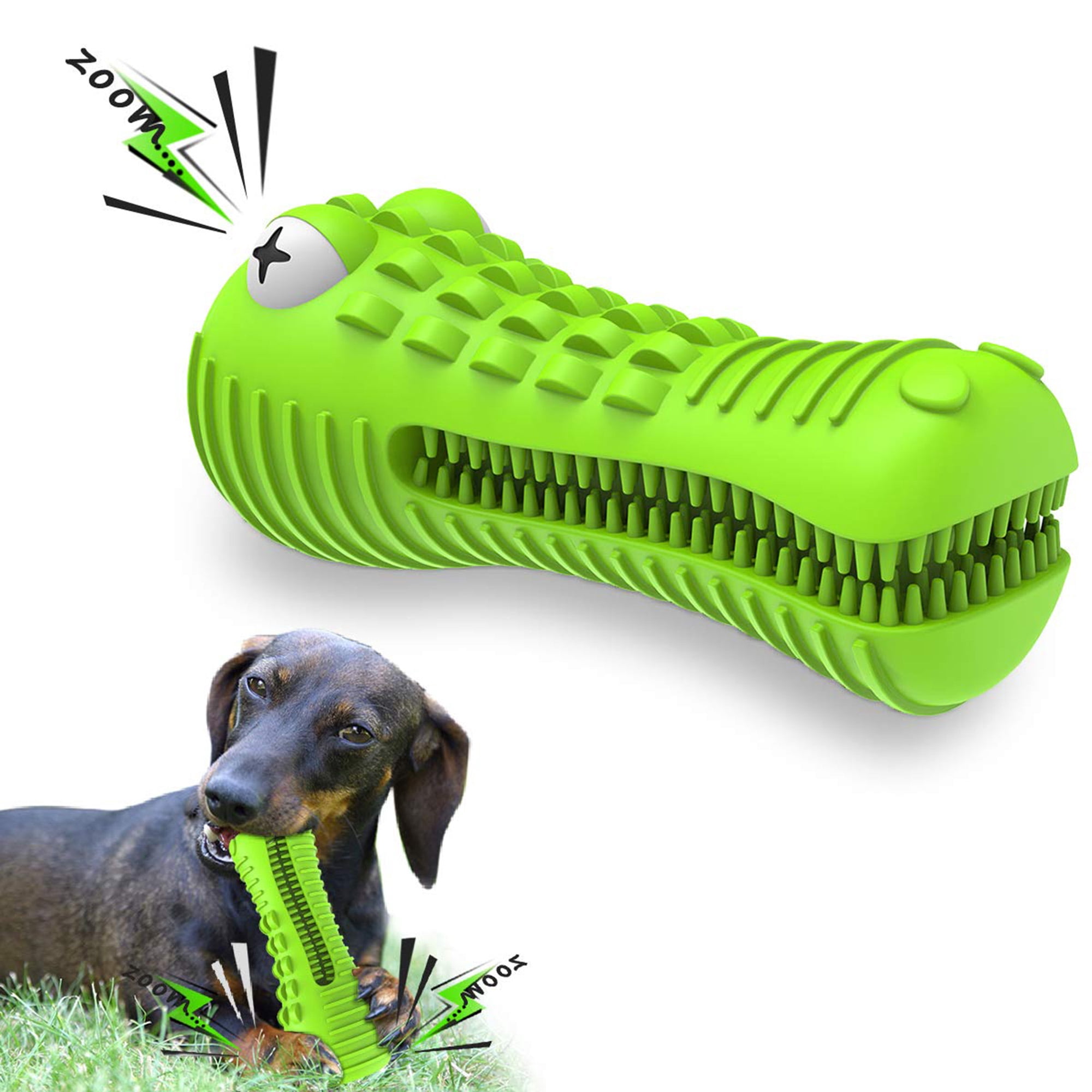 Dog Chew Toys for Aggressive Chewers, Indestructible Durable Rubber Chew Toy for Large Medium Breed Dogs, Interactive Squeaky Toothbrush Toy to Clean Teeth and Keep Them Busy, Grass Green