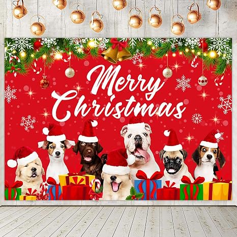 Dog Christmas Backdrop Cloth 5.9 x 3.3 ft Red Green Puppy Holiday Party Photo Wall Decor Vinyl Background Banner With Four Corner Grommets And Ribbon For Home Celebration Entryway Dessert Table