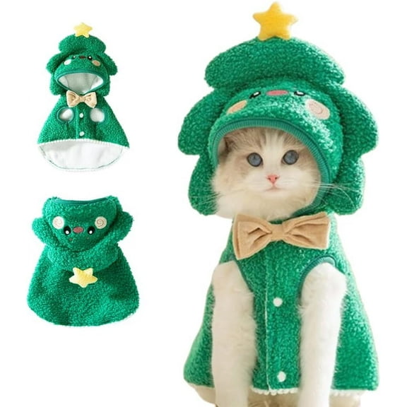 Dog Christmas Cape Coat with D-Ring, Cat Santa Costume with Xmas Tree Hat, Christmas Dog Outfit Warm Puppy Clothes, Small Dog Cat Pet Christmas Cloak