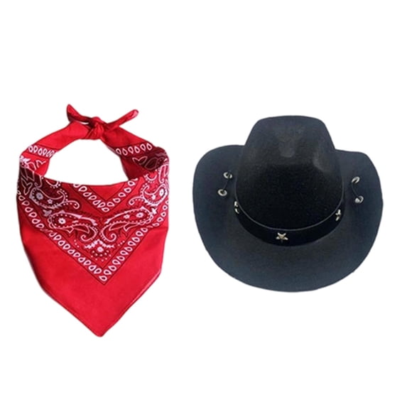 Dog Christmas_Cost-umes, Dog Cowboy_Cost-ume Halloween Pet Cowboy Hat Bandana Scarf for Small Medium Large Dogs Pets (Cowboy Hat & Red Bandana),Black L