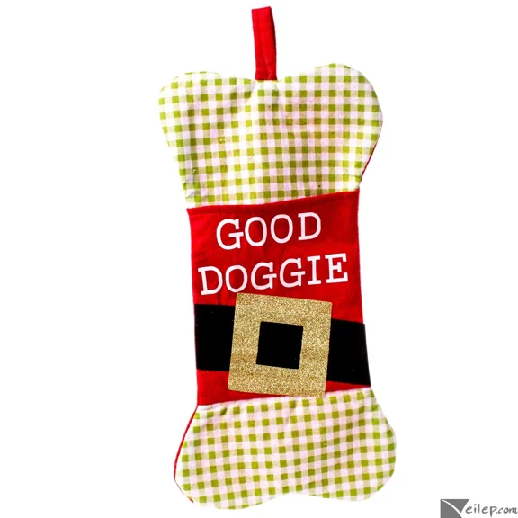 Dog Christmas Holiday Good Doggie Bone Shaped 17.5" Pet Stocking, Red Green