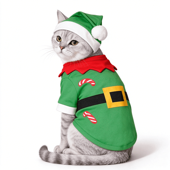 Dog Christmas Outfit, Christmas Elf Pet Costume with Cap, Funny Holiday Dog Costumes for Small Dogs & Cats, Xmas Family Photo Props