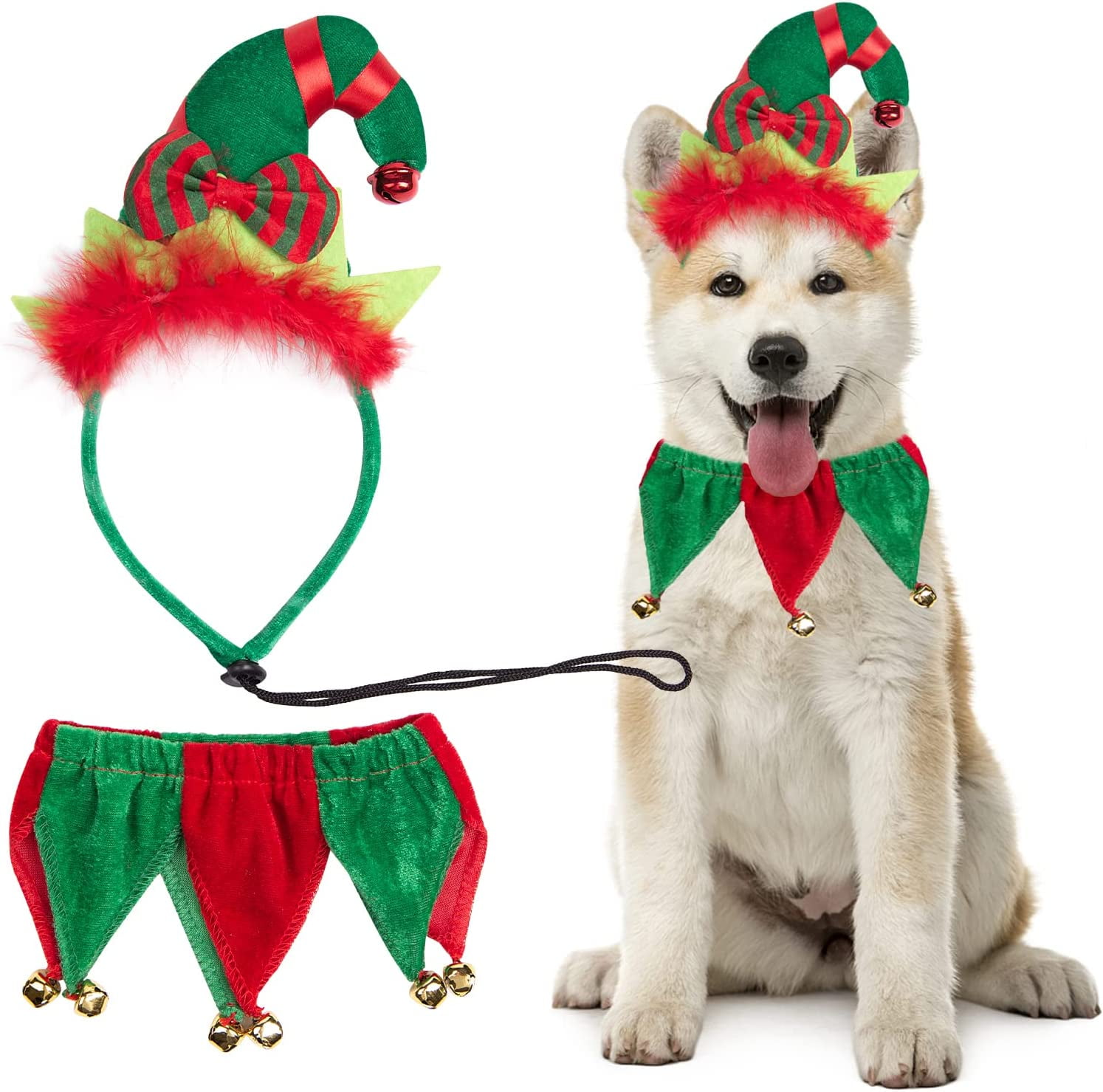 Dog Christmas Outfit Elf Christmas Hat for Dogs and Collar with Bell