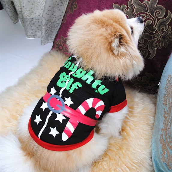 Dog Christmas Outfit Extra Small Dog Clothes Soft Festive Elf Print Apparel Cute Holiday Pet Shirt for Puppy and Cat Black, 1 Pack