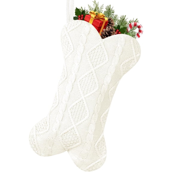 Dog Christmas Stocking, 16 Inch Large Double Side Knitted Christmas Stocking for Dogs, Bone Shaped Hanging Dog Stocking for Dogs Pets (White)